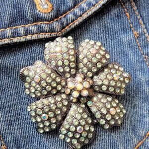 RARE Vintage Brooche Iridescent Jeweled Flower 2.5" Coat Pin Rhinestones Sparkle